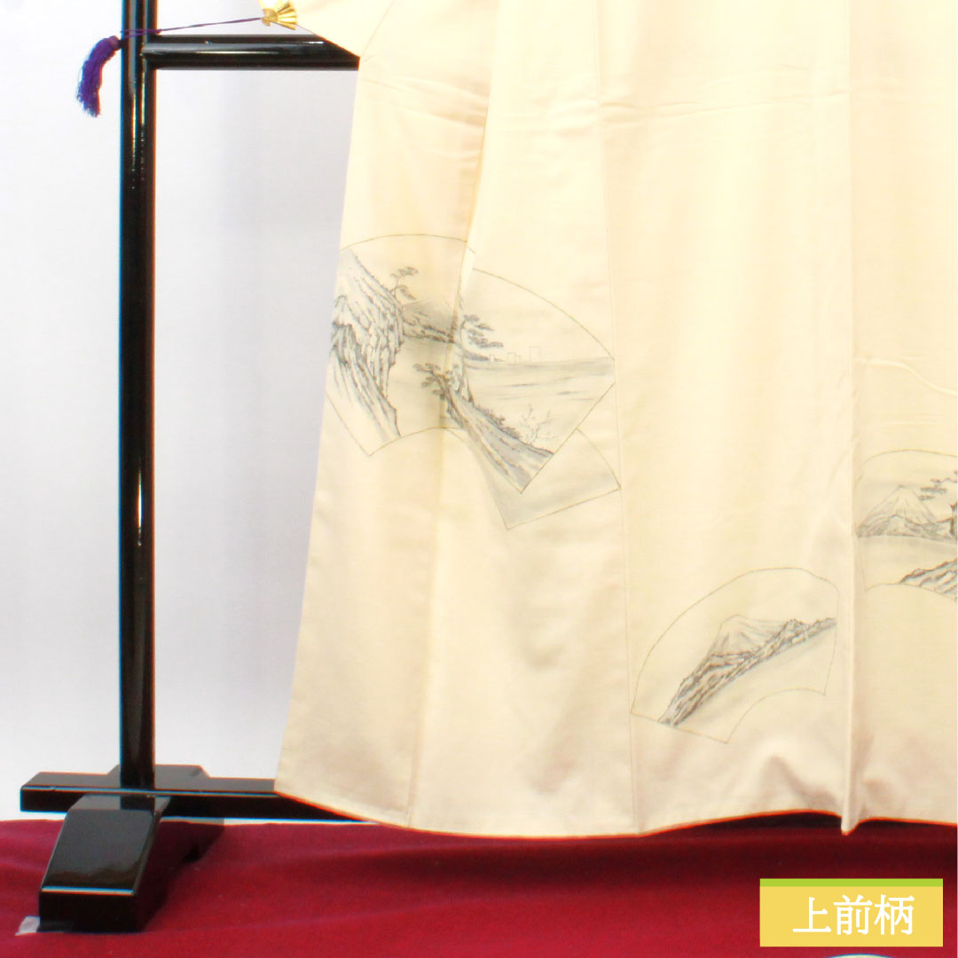 色留袖 正絹 身丈159.5cm 裄丈65.5cm 袷 練色(ねりいろ) 紬地 手描き友禅 富士山 Aランク クリーム系 1111001323315