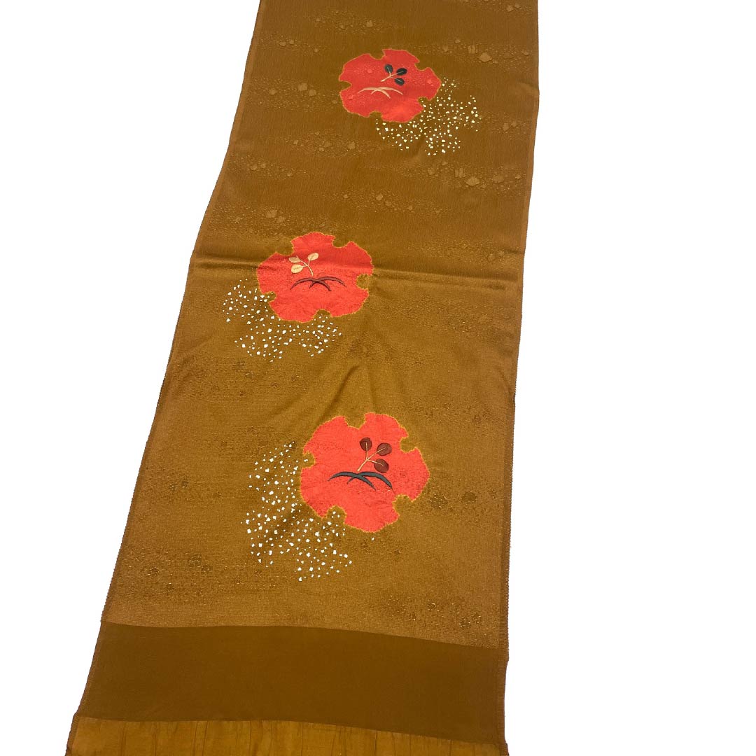 Obiage, pure silk, S rank, semi-formal, tawny (yellowish-brown), snow ring, partial shibori, embroidery, length approx. 170cm, width approx. 30.5cm, brown系 1136002722914