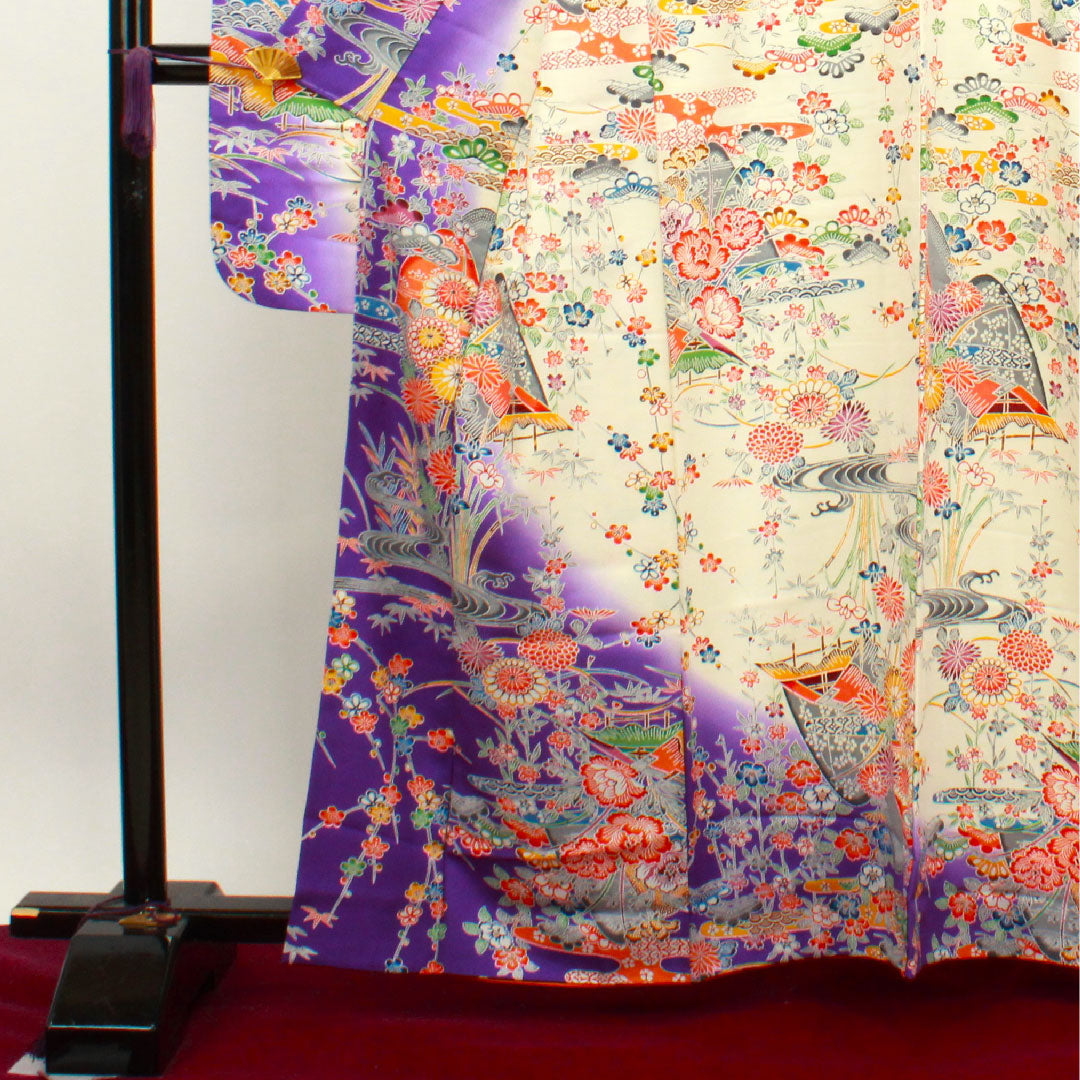 振袖 身丈162cm 裄丈65cm 袷 京紅型 松竹梅 菊 風景模様 正絹 Sランク 白系 1113001632411