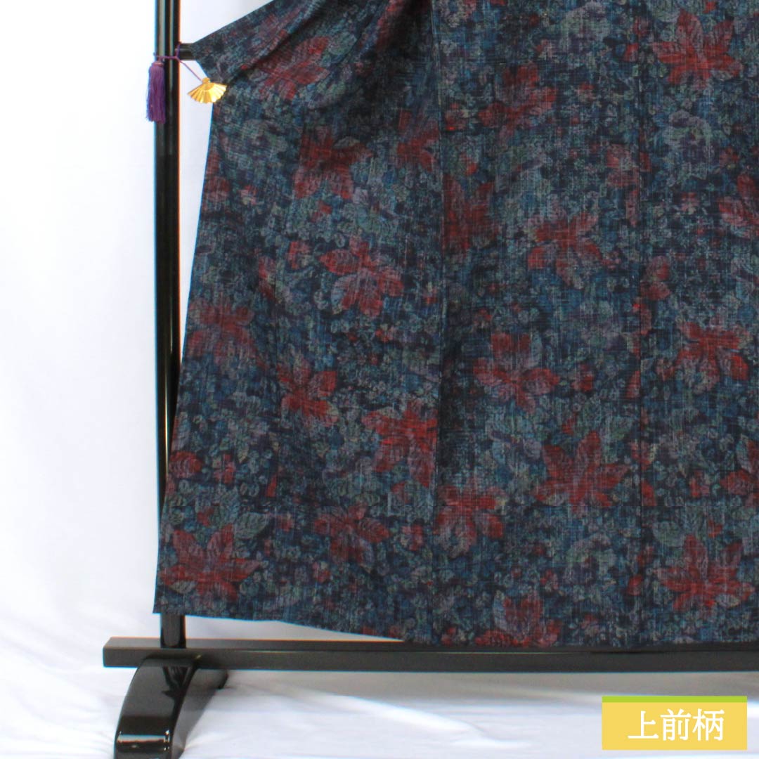 Tsumugi Silk S Rank Length 159.5cm Sleeve Length 66cm Dark Blue Floral Pattern Unlined Navy 1116005152318