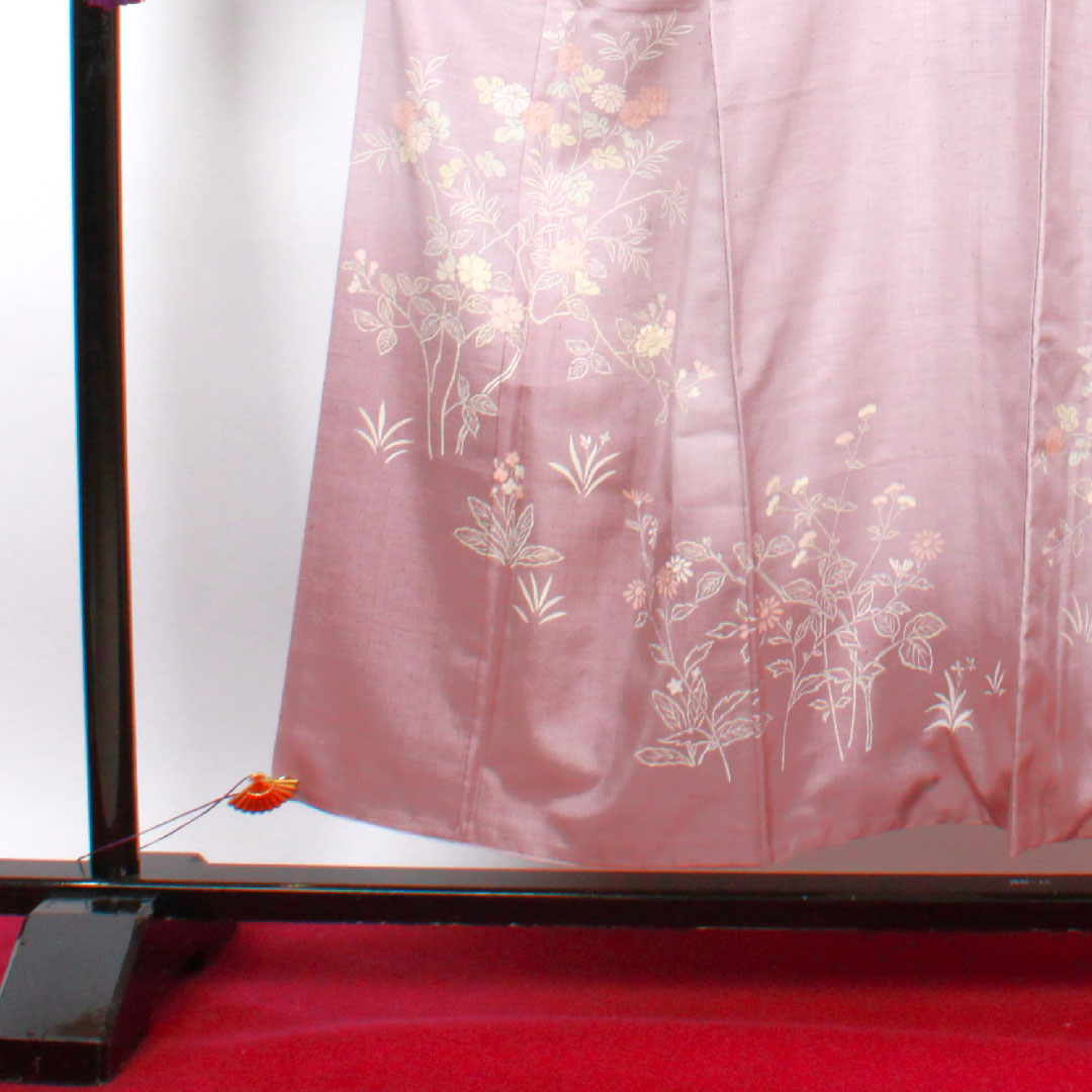訪問着 袷 身丈153cm 裄丈60.5cm 草花模様 紬地 淡紅藤色 正絹 Aランク 紫系 1112001483220