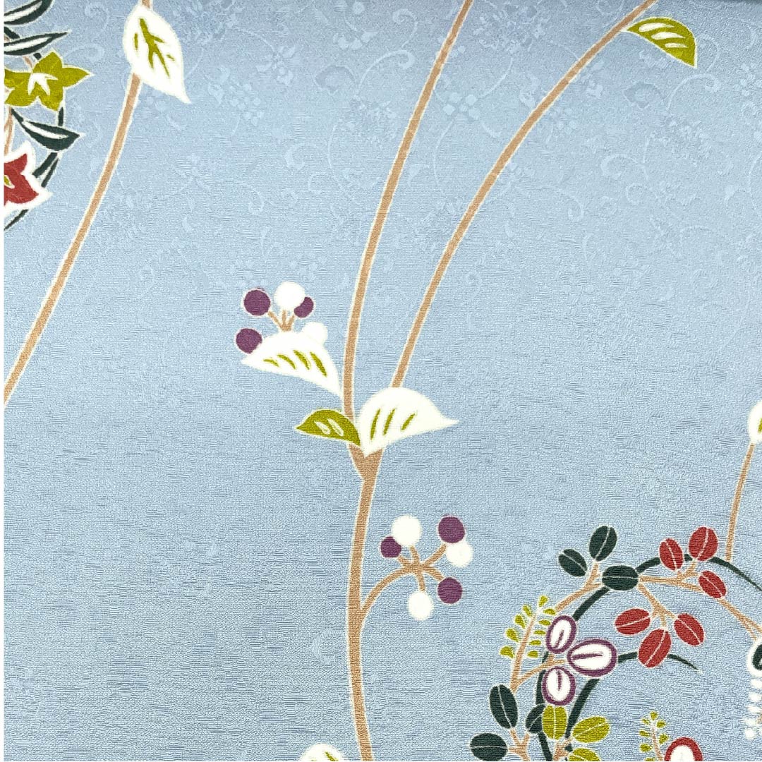 Fabric, Komon, Pure Silk, Pale White, Kyoto Yuzen, Floral Pattern, 13.5cm Wide, New Rank, Light Blue, 1130001051924
