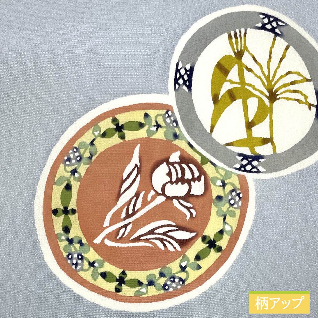 名古屋帯 薄鼠色(うすねずいろ) ちりめん地 丸に花模様 染め帯 帯丈358cm 正絹 Aランク ポイント柄 セミフォーマル グレー系 1124007163322 名古屋仕立て