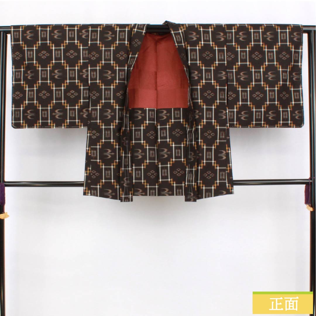 Haori (Japanese traditional kimono jacket) - Polyester, S-rank, Length 73cm, Sleeve Length 62cm, Chestnut-colored, Ryukyu pattern, Tsumugi fabric, Lined, Brown, 1117001292914