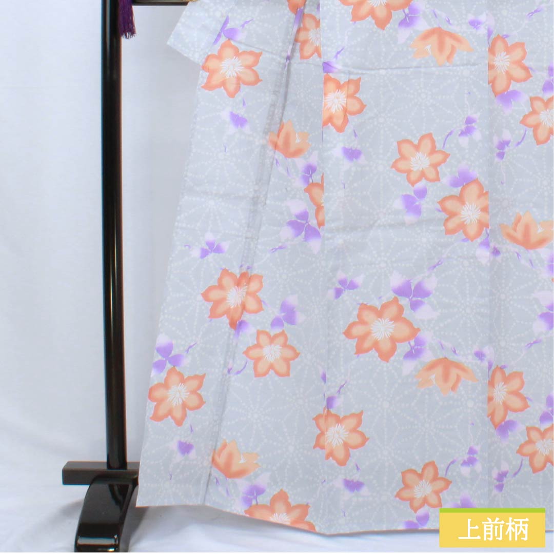 Cotton Yukata, Length 164.5cm, Sleeve Length 67.5cm, S Rank, Single Layer, Grayish, Hakudo-iro (White Copper Color), Hemp Leaf Flower Design, 1118006522422