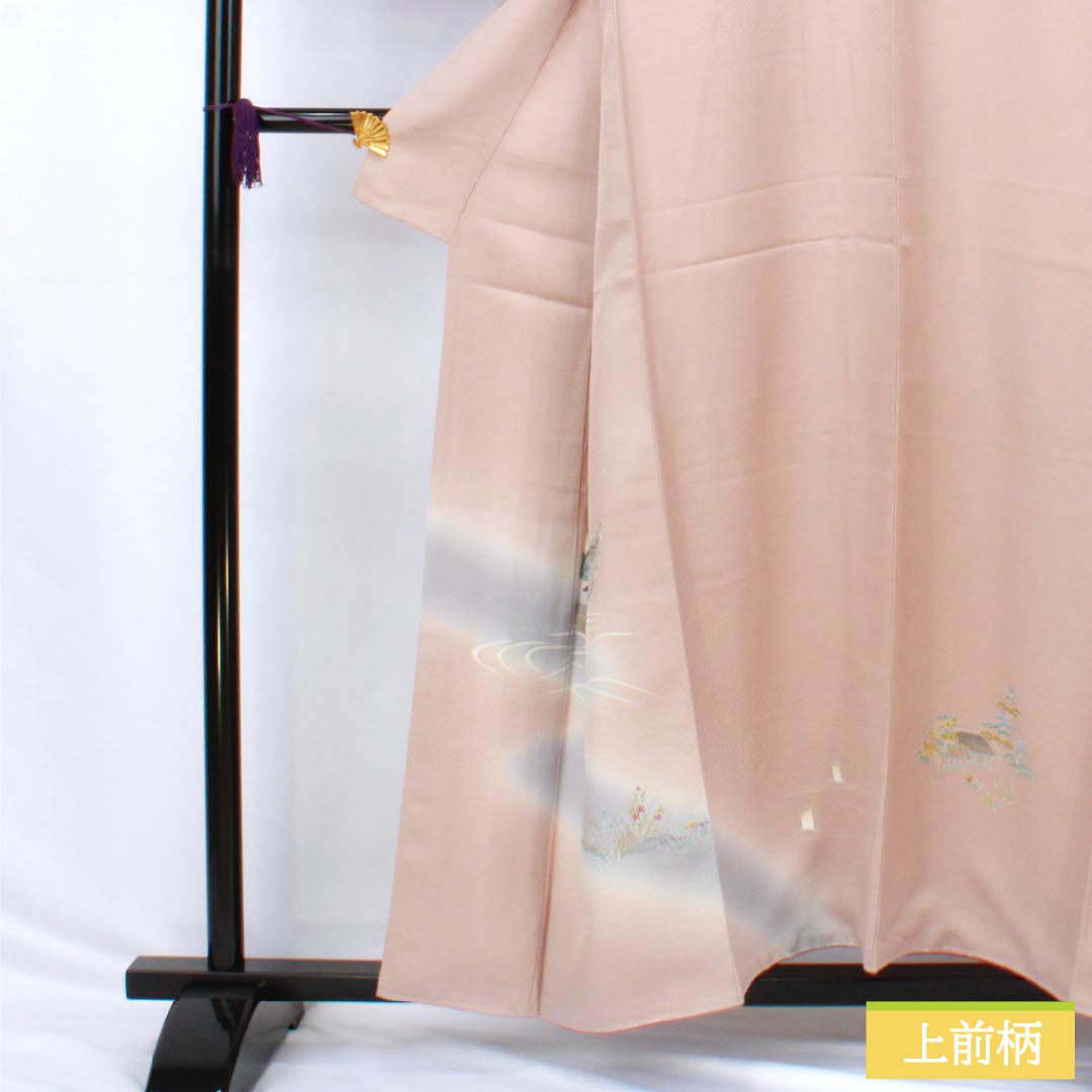Visiting Kimono, Pure Silk, S Rank, Lined, Length 155.5cm, Sleeve Length 64.5cm, Naniwa Nezuiro (Naniwa Nezu-iro) Design, Kyoto Yuzen, Tsukesage, Child Design, Flowing Water Design, with Basting Thread, Pink, Product Number: 1112006612313