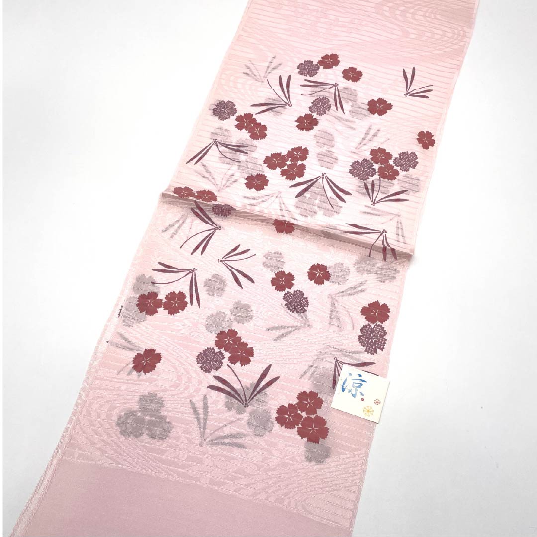 (新品)帯揚げ 正絹 セミフォーマル 淡紅色(たんこうしょく) 夏物 撫子 トンボ 長さ約170cm 幅約28.5cm NEWランク ピンク系 1136000711913