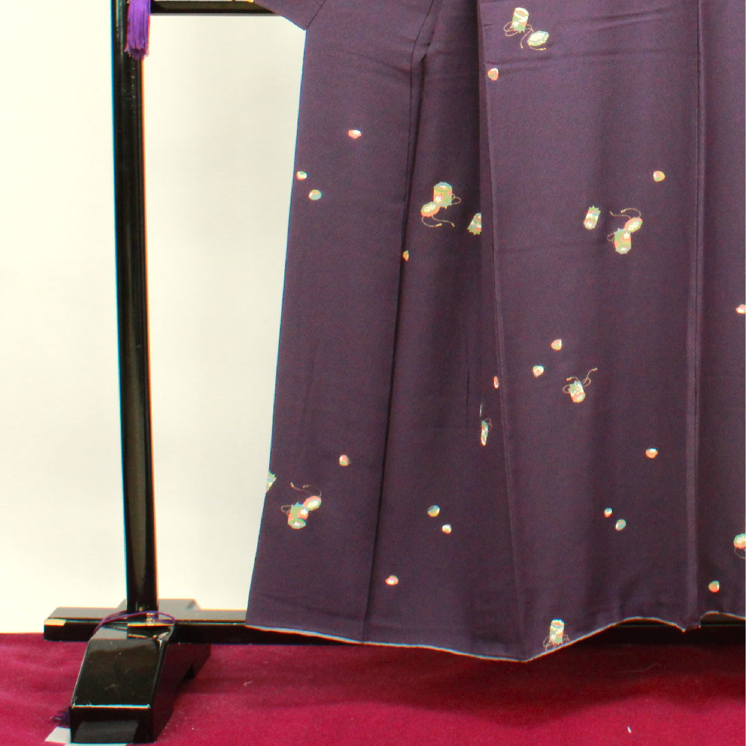 小紋 身丈156cm 裄丈65cm 袷 深紫色 貝桶 正絹 Aランク 紫系 1115003213320