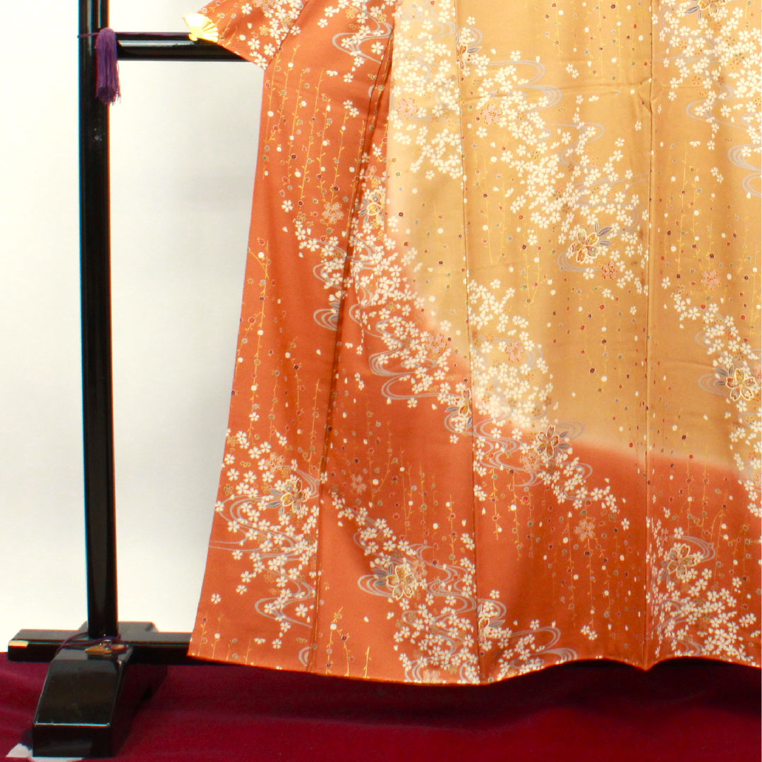 Homongi, pure silk, lined, length 159cm, sleeve length 64cm, Kyoto Yuzen, cherry blossom, with basting thread, unused, S rank, gradation, 1112003132399