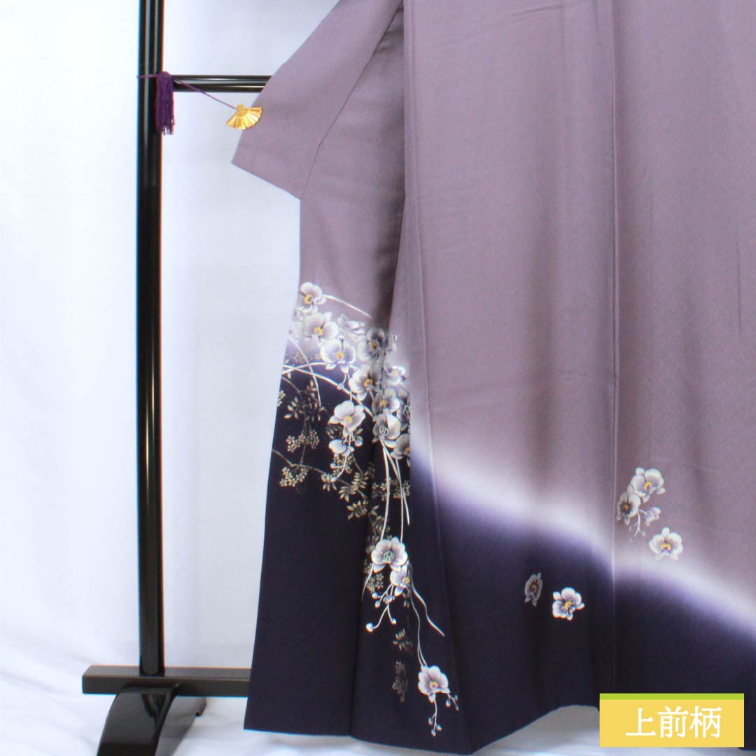 Visiting Kimono, Pure Silk, S-Rank, Lined, Length 161cm, Sleeve Length 63cm, Hatobairo (Dove Feather Color), Tsukesage, Gold-Leafed Flowers, Hajikku Guard, Purple, Product Number: 1112006762420