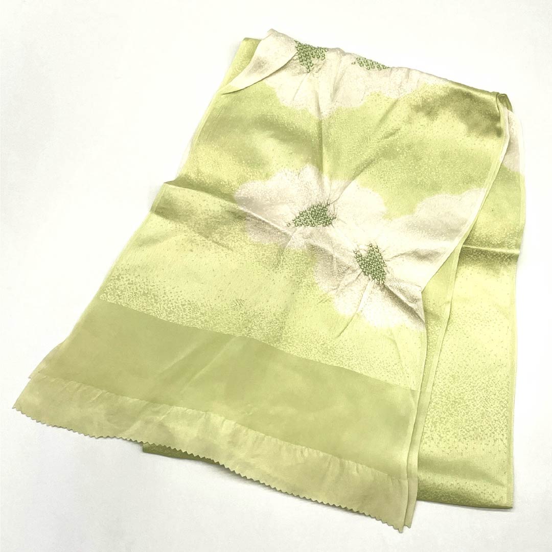 Semi-formal obiage (sash sash), pure silk, S-rank, sulfur-colored, shibori (dyed sash), floral pattern, approximately 160cm long, 29cm wide, green, product number 1136002332919