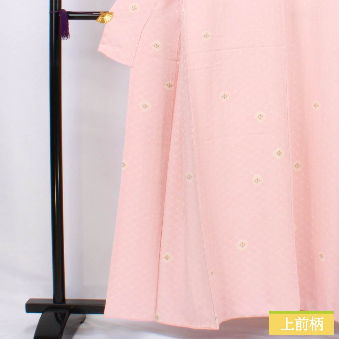 Komon (small pattern) kimono, pure silk, A-rank, length 157.5cm, sleeve length 64cm, lined, Akebono-iro (dark blue) dyeing, shibori (dyed pattern), Shippo (shippo) pattern, basting thread included, pink, product number 1115006303313