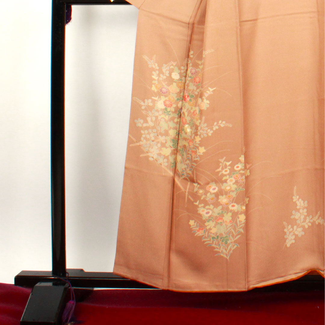 Homongi, lined, length 159cm, sleeve length 64cm, Shiba dyeing, floral pattern, pure silk, S rank, brown, 1112001582314