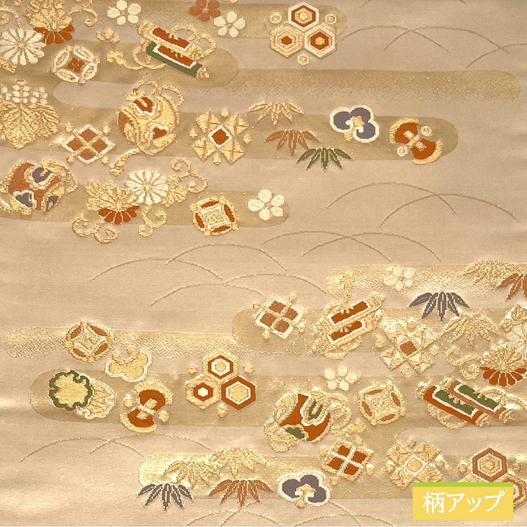 Fukuro Obi (Sash) made of pure silk, walnut color, for Tomesode, Treasures, Flower Arabesque pattern, Length 430cm, S rank, Six-pass, Formal, Beige, 1123013582325
