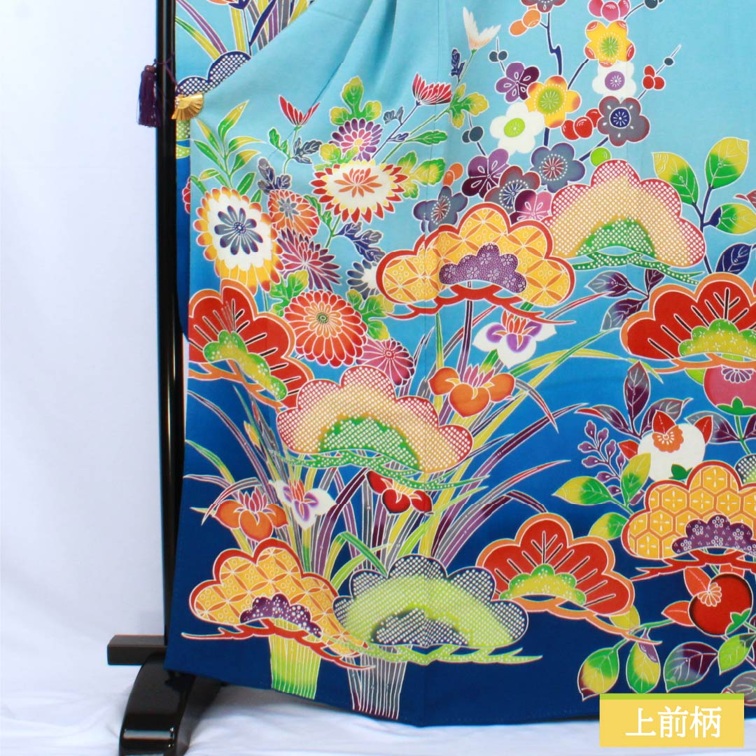 A-rank pure silk furisode kimono (long-sleeved kimono), length 166.5cm, sleeve length 64.5cm, lined, light blue, Kyoto Bingata crepe fabric, auspicious plum and pine motifs, light blue, product number 1113002543524