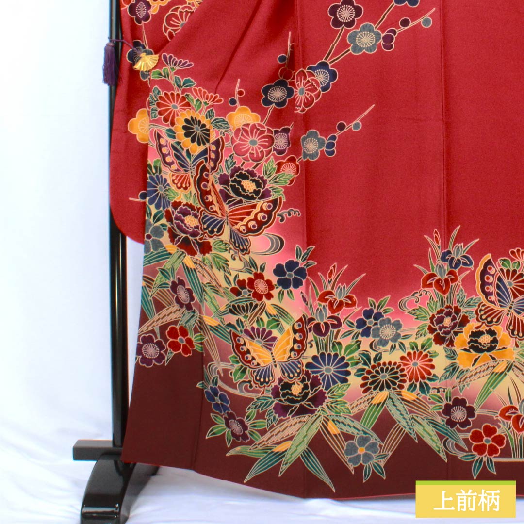 振袖 正絹 Aランク 身丈164cm 裄丈69cm 袷 真紅色(しんくいろ) 京紅型 吉祥文様 赤系 1113002963412