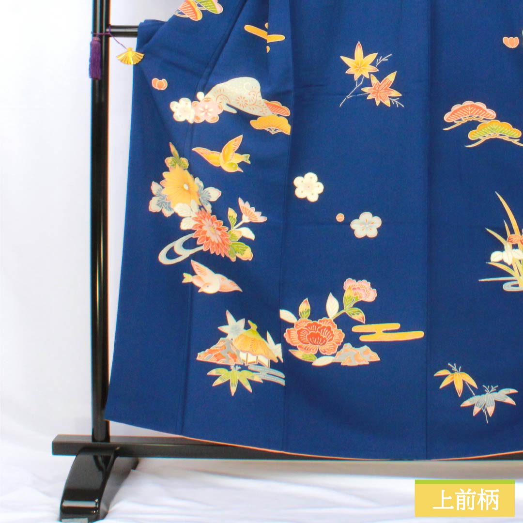 訪問着 正絹 Bランク 袷 身丈158cm 裄丈63.5cm 紺瑠璃色(こんるりいろ) 京紅型 吉祥文様 松竹梅 菖蒲 鳥 青系 1112007284317