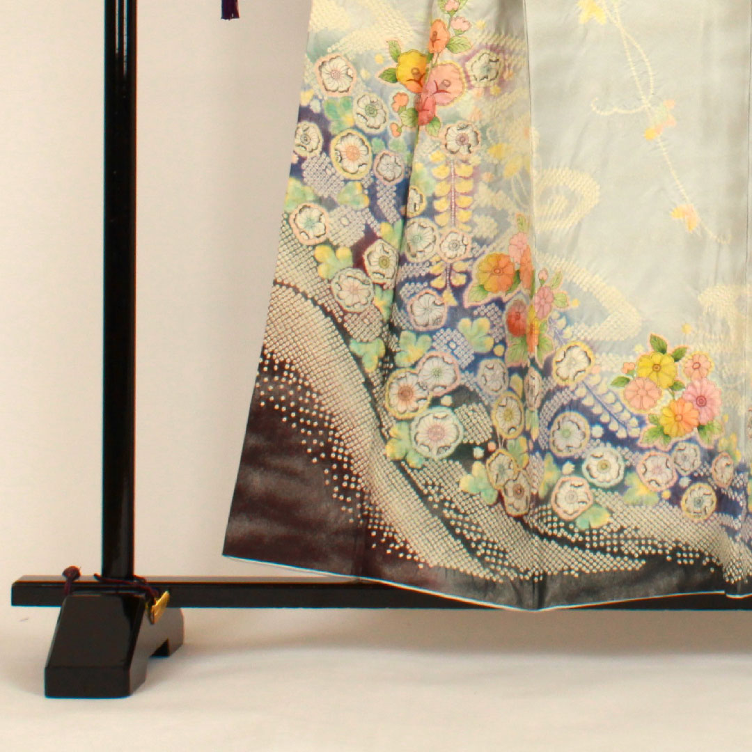 Homongi, lined, length 159cm, sleeve length 66cm, Tsujigahana, silver thread, artist's work, pure silk, S rank, gray, 1112000532322
