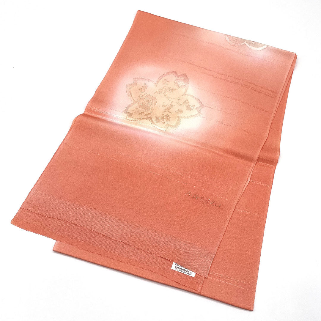 (新古品)帯揚げ 正絹 NEWランク セミフォーマル 淡紅赤色(うすべにあかいろ) 丹後ちりめん 紅葉 桜 長さ約180cm 幅約29cm 赤系 1136001201912
