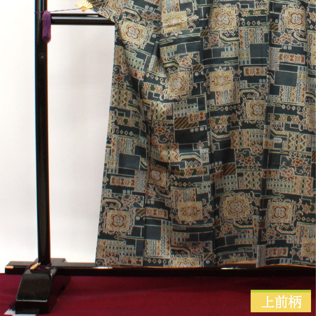 Komon, pure silk, length 156.5cm, sleeve length 65.5cm, lined, dark blue, tsumugi fabric, geometric pattern, with basting thread, S rank, blue, 1115003882317