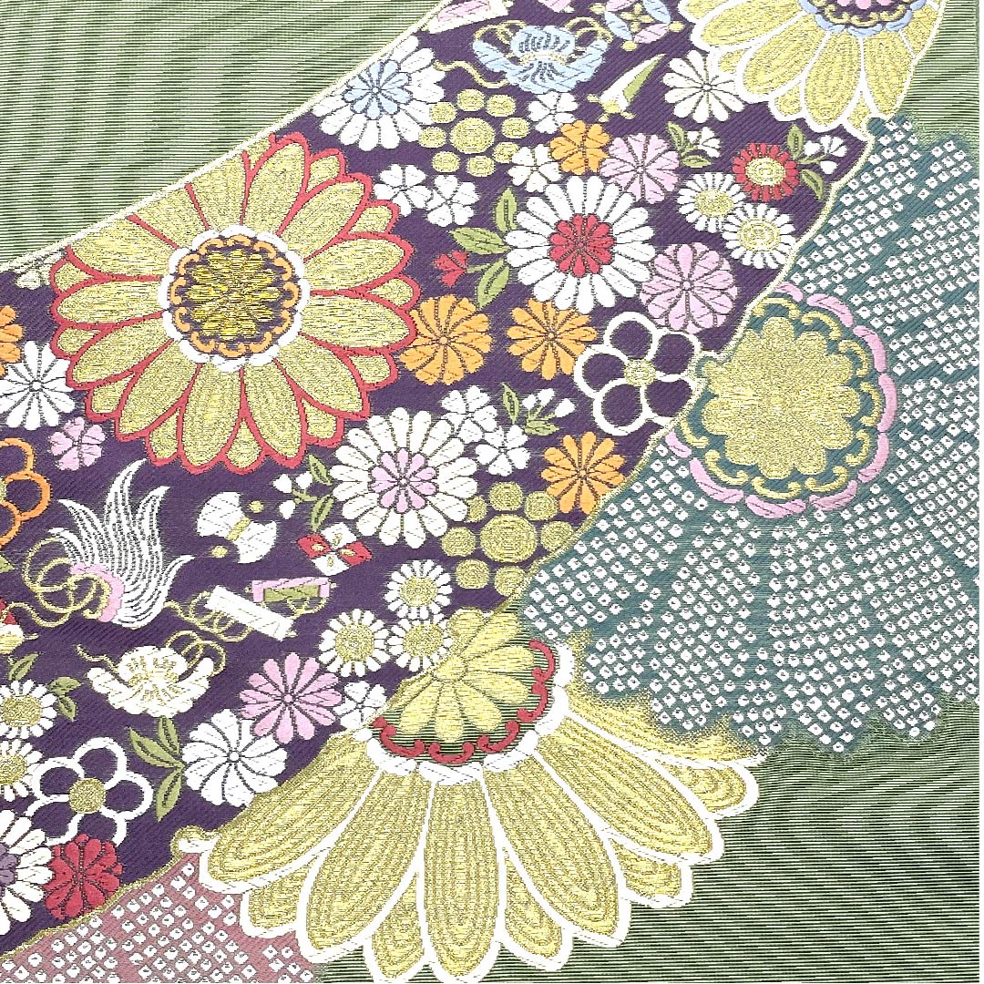 Fukuro Obi (wasabi color) with treasures and floral patterns, Takashima Orimono, obi length 435cm, pure silk, S rank, six-pass, semi-formal, green, 1123007162319