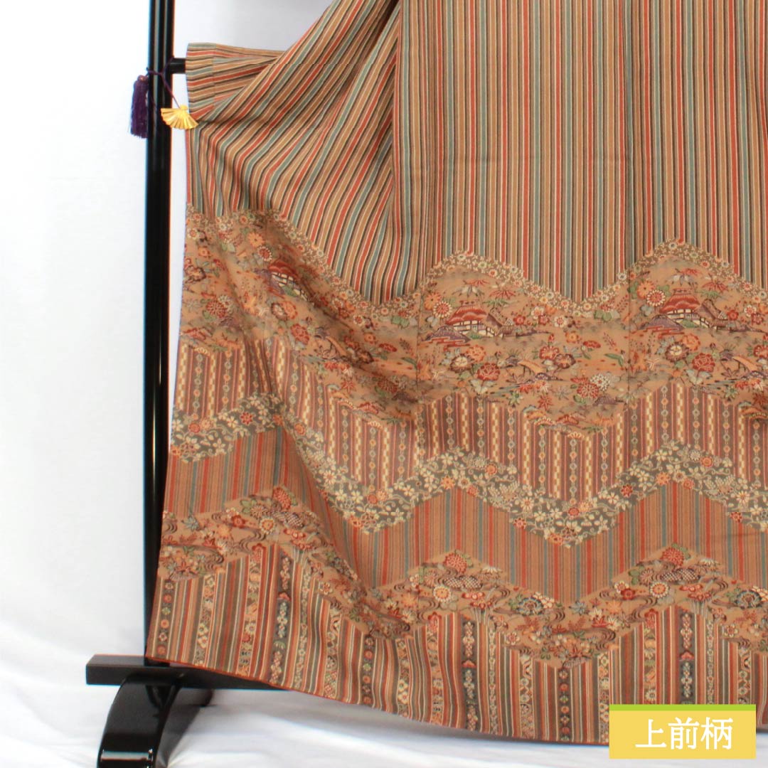 Visiting Kimono, Pure Silk, S Rank, Lined, Length 165.5cm, Sleeve Length 66.5cm, Enshu Brown, Kyoto Bingata Pattern, Striped, Chayatsuji, Orange, Item Number: 1112006892526