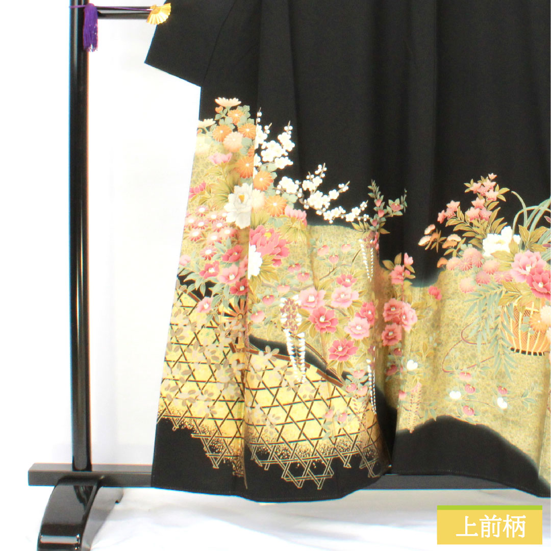 黒留袖 正絹 身丈155cm 裄丈63.5cm 袷 作家物 京友禅 花車 五つ紋 蔦 Bランク 黒系 1111001454310