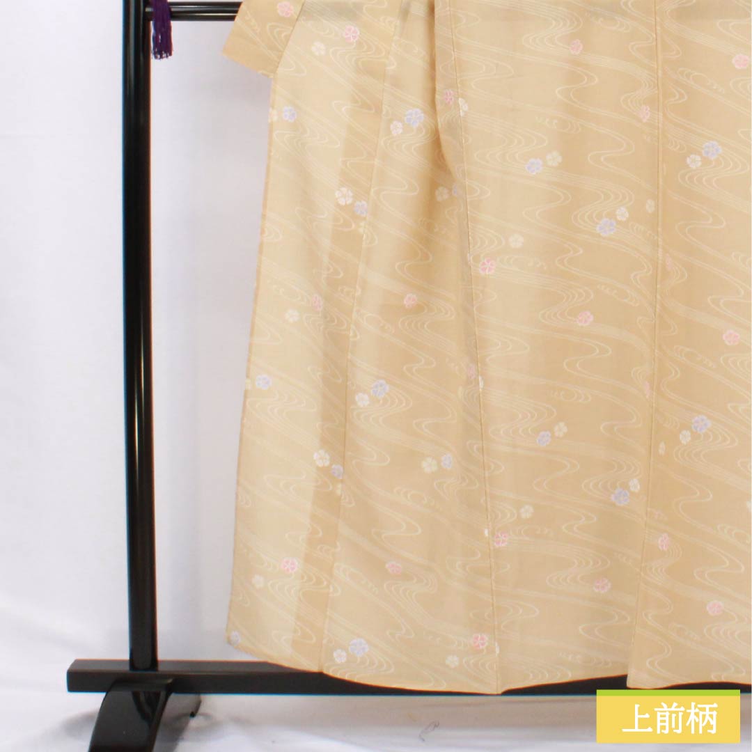 Summer kimono, polyester, small pattern, length 158cm, sleeve length 64cm, mulberry white-brown (kuwairo shirachairo) with flowing water and poppy motifs, washable, gauze, beige, S rank, product number 1132002602325
