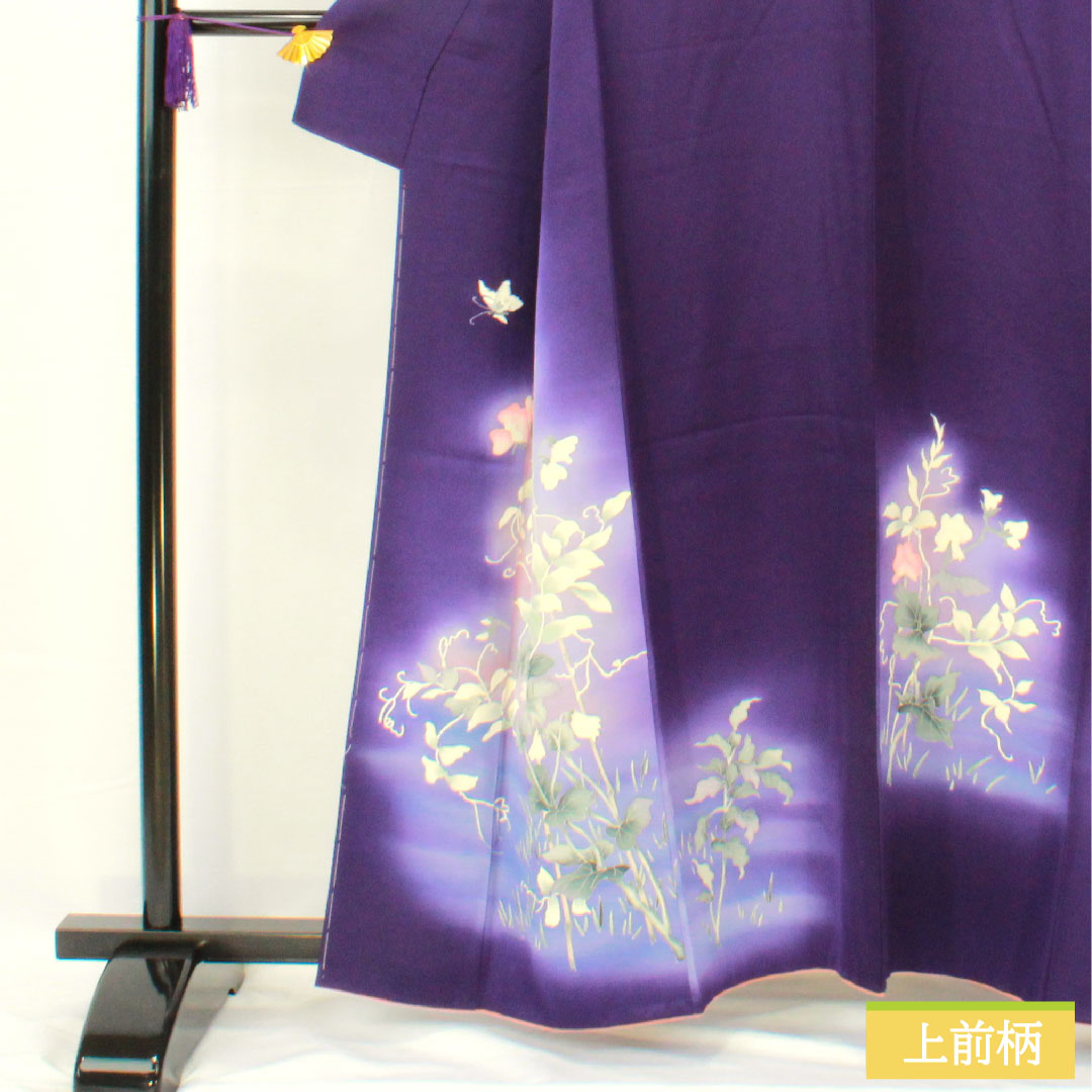Homongi (formal kimono) made of pure silk, lined, length 160cm, sleeve length 62.5cm, violet, Kyoto Yuzen, floral pattern, A rank, purple, 1112005323420
