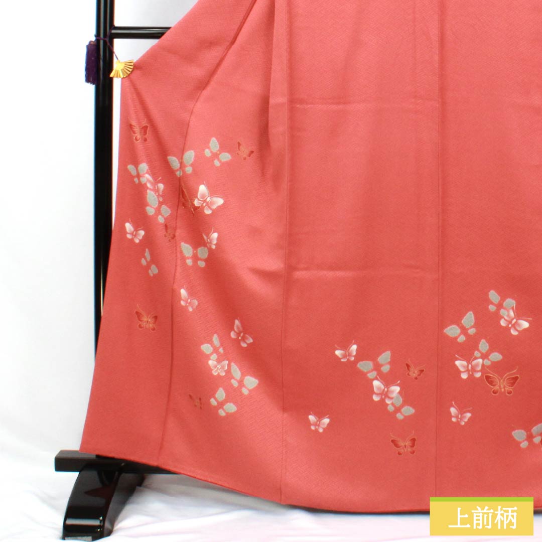 訪問着 正絹 Aランク 袷 身丈164cm 裄丈64.5cm 甚三紅色(じんざもみいろ) 京友禅 金駒刺繡 銀駒刺繍 絞り 蝶 赤系 1112007393412