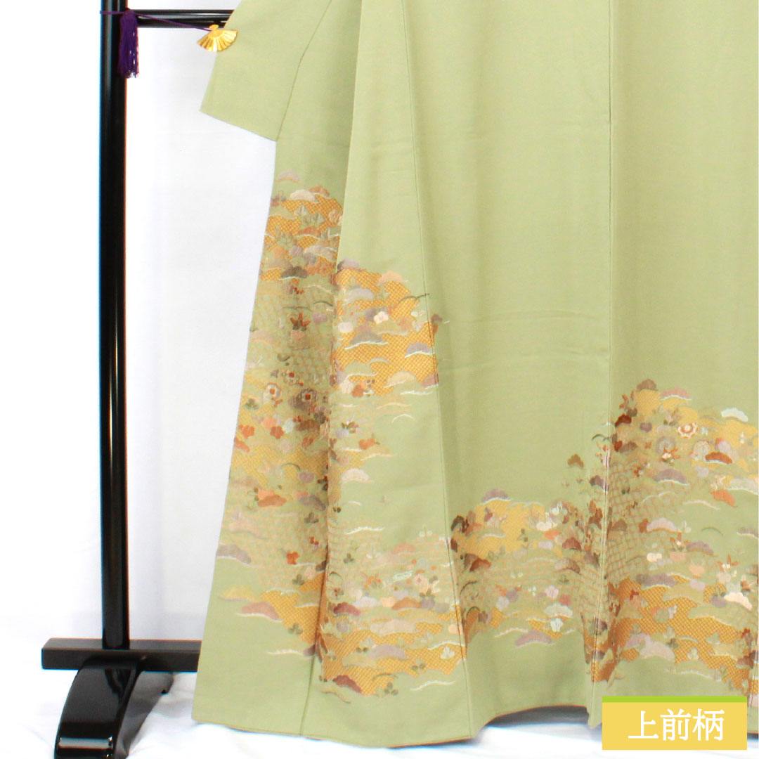 色留袖 正絹 身丈163cm 裄丈67cm 袷 薄柳色(うすやなぎいろ) 蘇州刺繡 丹後ちりめん 吉祥文様 三つ紋 丸に下り藤 Sランク 緑系 1111001682419