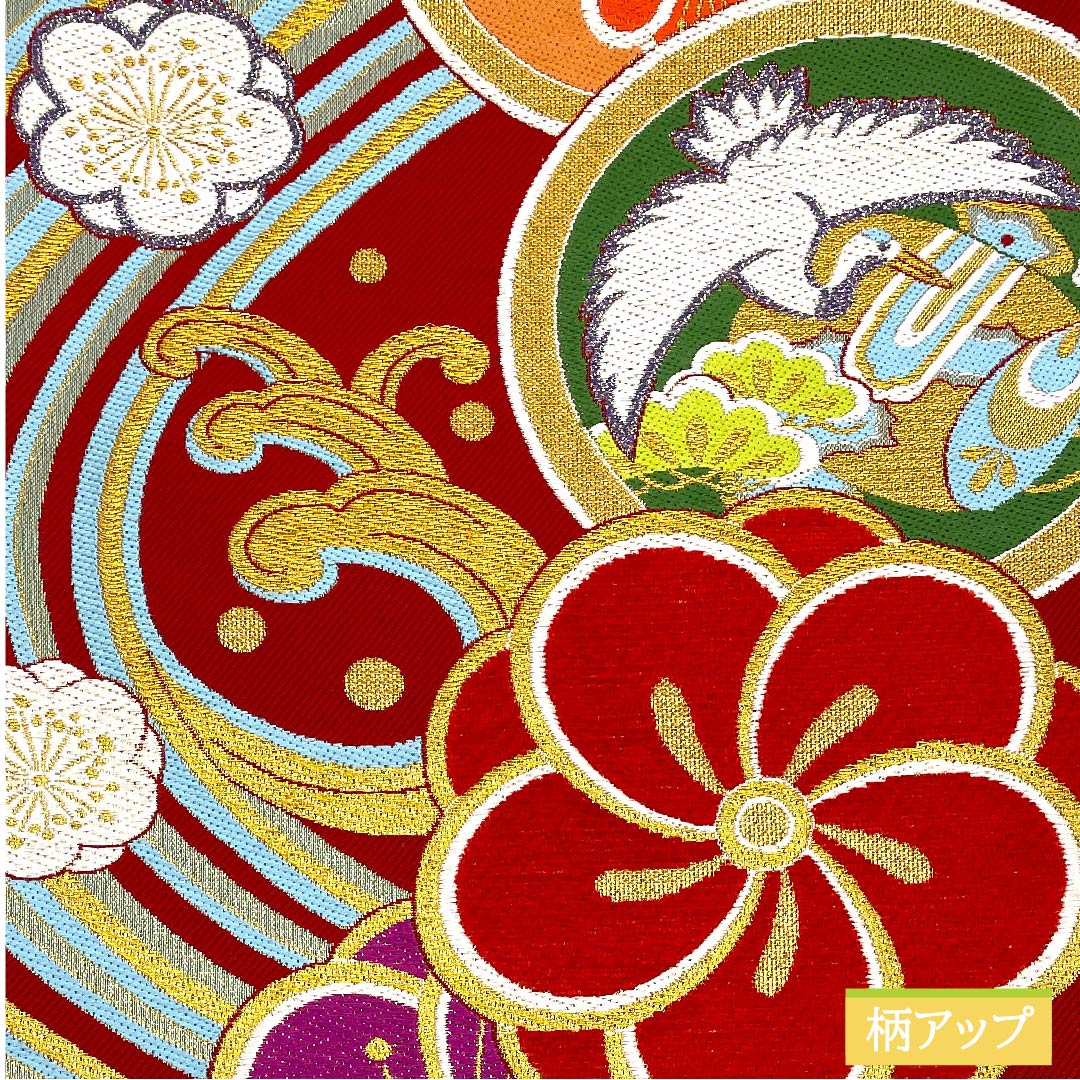 Fukuro Obi, pure silk, Torukoakairo (red), flowing water, twisted plum, pine, bamboo and plum, circle with crane, obi length 444cm, A rank, six-pass, formal, red, 1123011573312