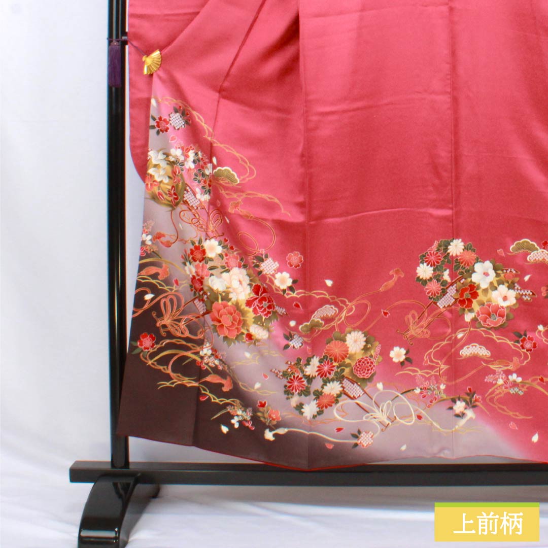 振袖 正絹 Aランク 身丈153.5cm 裄丈64cm 袷 紅鶸色(べにひわいろ) 京友禅 花丸文 牡丹 ソフトガード加工 ピンク系 1113002843213
