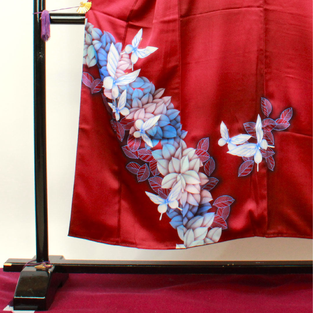 Homongi, pure silk, lined, length 151cm, sleeve length 63cm, dark red, butterfly, S rank, purple, 1112002992220
