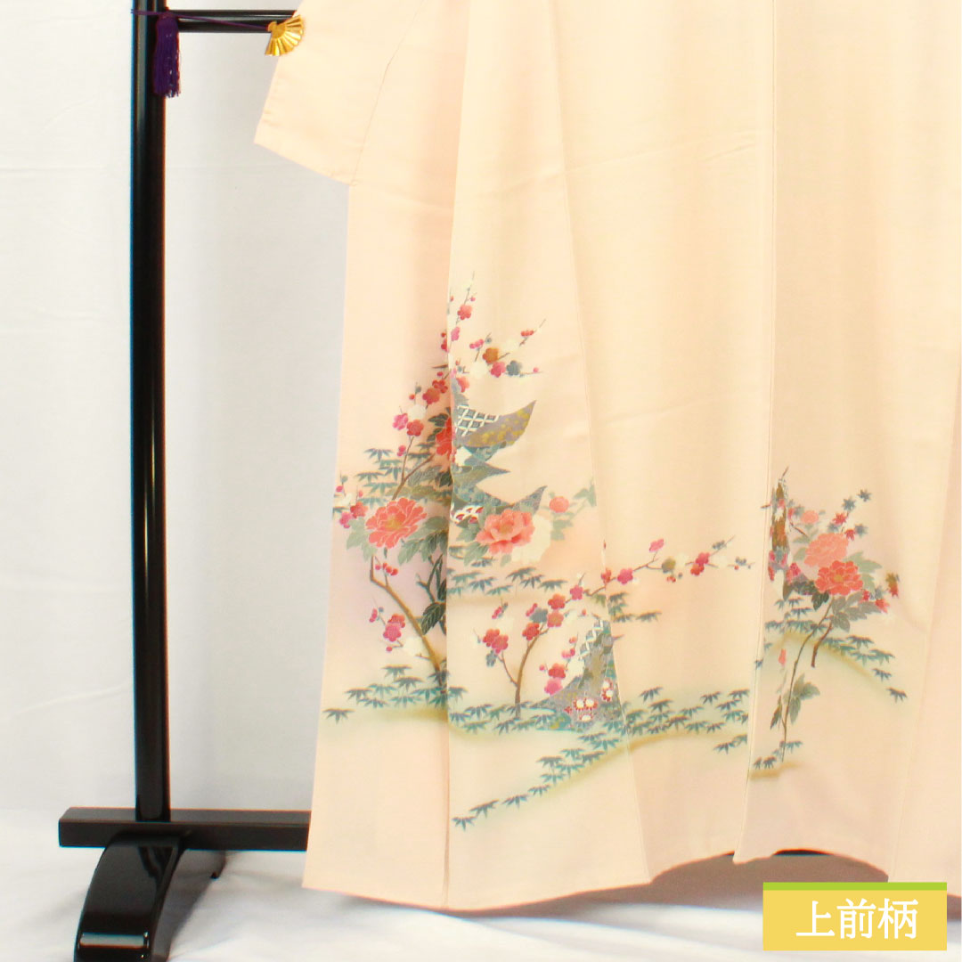 Homongi, pure silk, lined, length 161.5cm, sleeve length 63cm, maiden color, Kyo-Yuzen, floral pattern, S rank, pink, 1112005312413