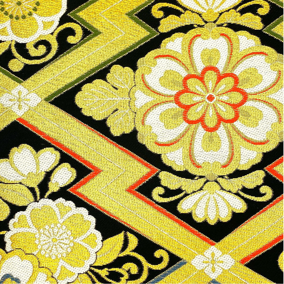 Fukuro Obi for Furisode, Matsukawabishi, Flower Pattern, Length 440cm, Pure Silk, S Rank, Six-way, Formal, Black, 1123004512310