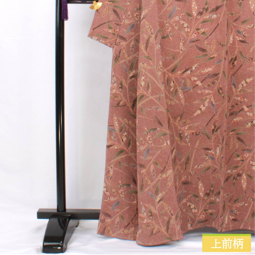 小紋 正絹 身丈162.5cm 裄丈64cm 袷 栗梅色(くりうめいろ) 型染 枝 更紗 しつけ糸付き Sランク 茶系 1115005622414