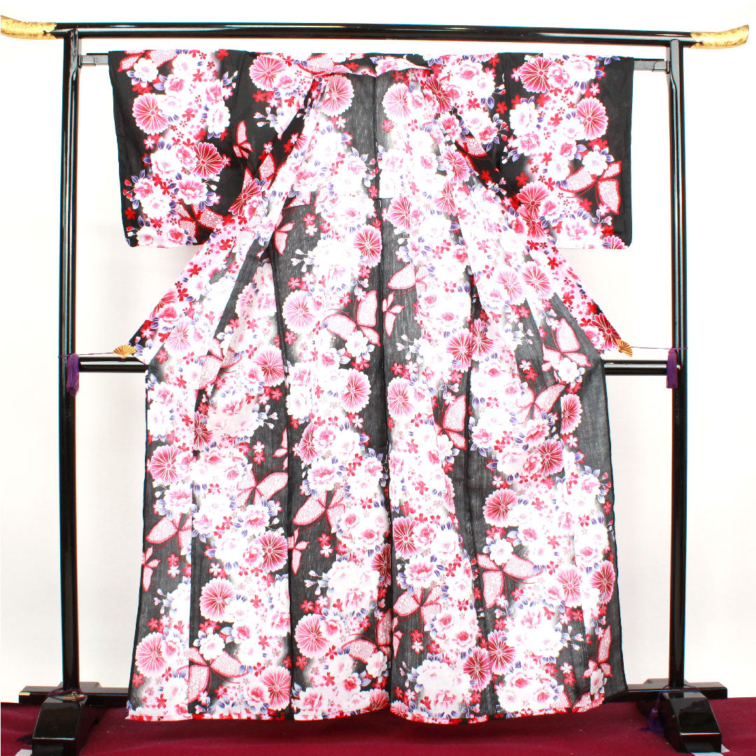 Yukata, Chrysanthemum, Cherry Blossom, Butterfly, Cotton, S Rank, Single Layer, Length 163cm, Sleeve Length 64cm, Black, 1118001522410