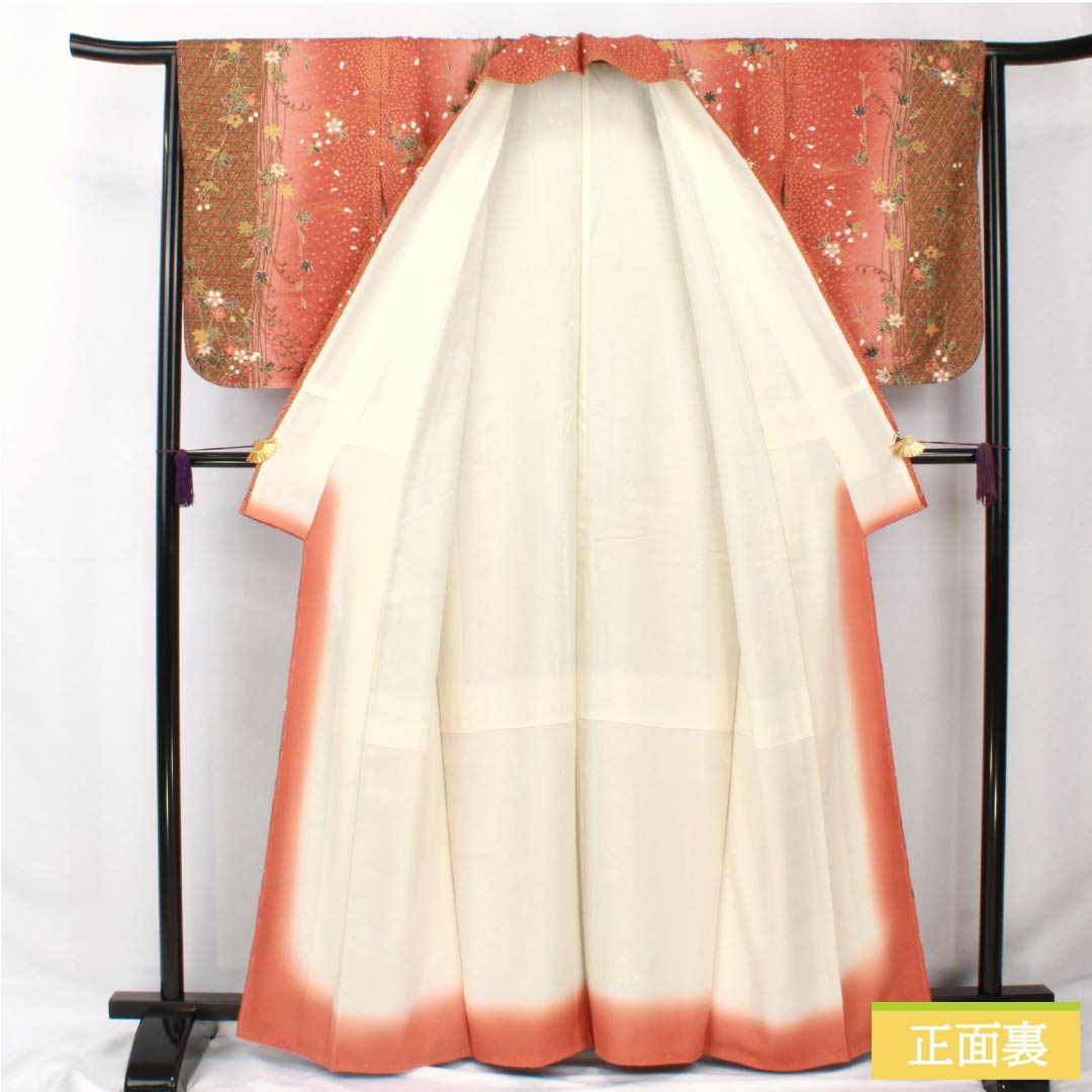 Komon, pure silk, length 163cm, sleeve length 64cm, lined, red sapphire color, basket pattern, flower, basting thread included, S rank, vermilion, 1115005692416