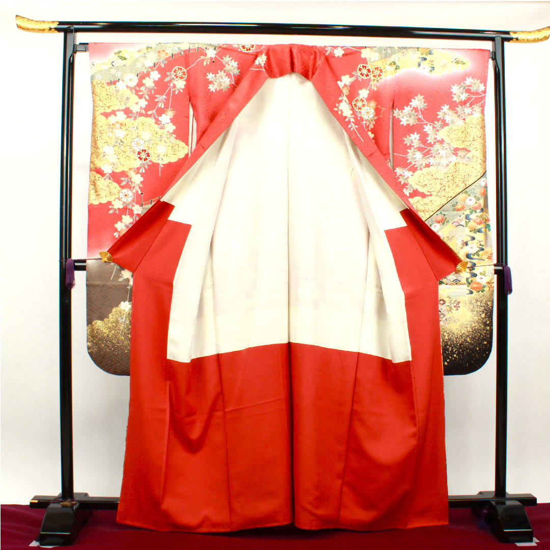 振袖 身丈163.5cm 裄丈67.5cm 袷 甚三紅色 京友禅 御所車 吉祥文様 作家物 正絹 Aランク 朱系 1113001623416