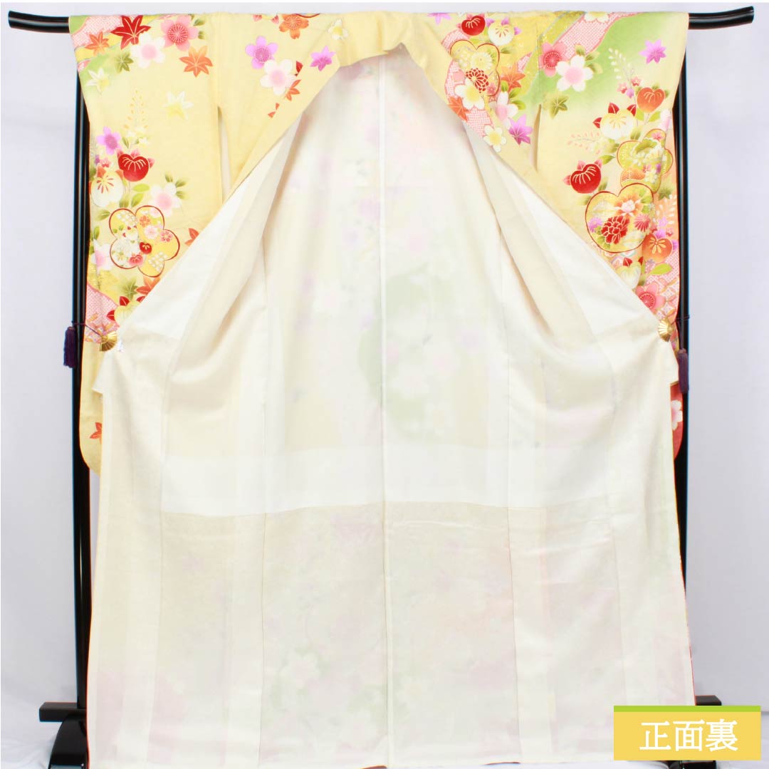 振袖 正絹 Aランク 身丈170cm 裄丈68cm 袷 淡黄色(たんこうしょく) 京友禅 吉祥文様 桜 橘 菊 黄系 1113002613623