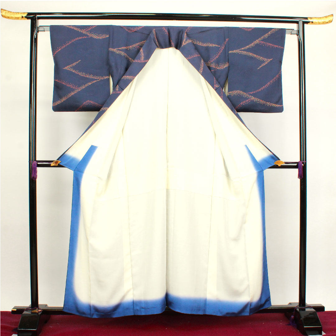 Komon, Length 158cm, Sleeve length 63.5cm, Lined, Blue-brown, Abstract pattern, Pure silk, A rank, Navy blue, 1115003493318