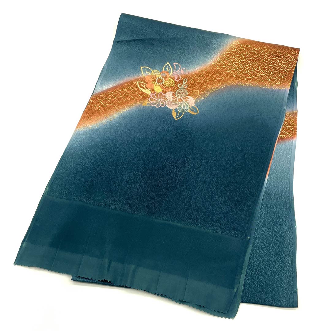 Obiage Silk S-rank Semi-formal Aitetu-iro (indigo iron color) Seigaiha flower embroidery Length approx. 173cm Width approx. 29cm Blue 1136002542917