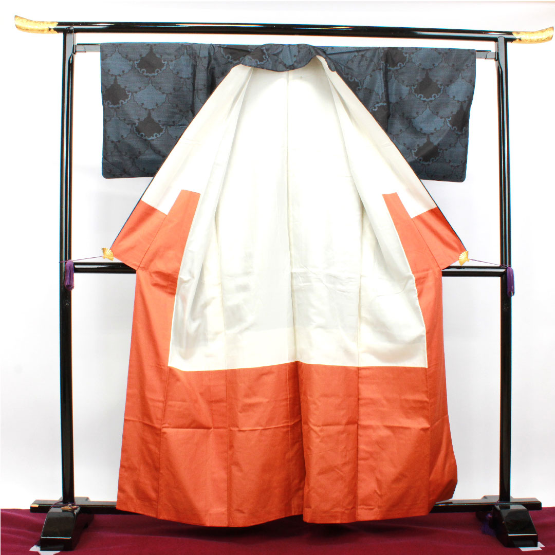 Oshima Tsumugi, Length 160.5cm, Sleeve length 63.5cm, Weft Kasuri, Yukiwa, Pure Silk, A Rank, Awase, Navy Blue, 1116002823418