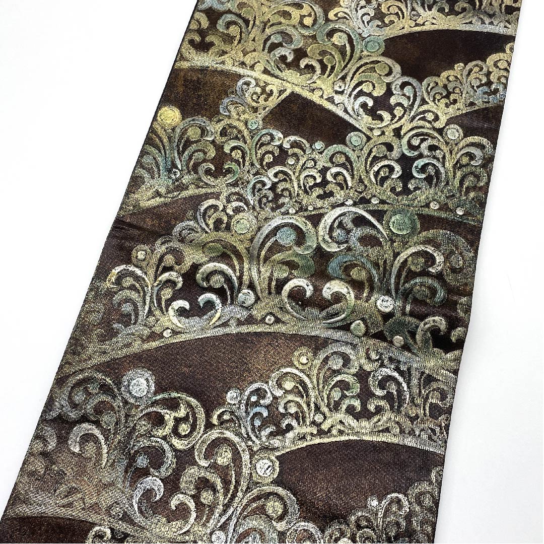 【Unhemmed】Fukuro-obi, pure silk, S rank, kenbo-iro, gold karakawa, abstract pattern, obi length 478cm, rokkaku, formal, brown, 1123006082414