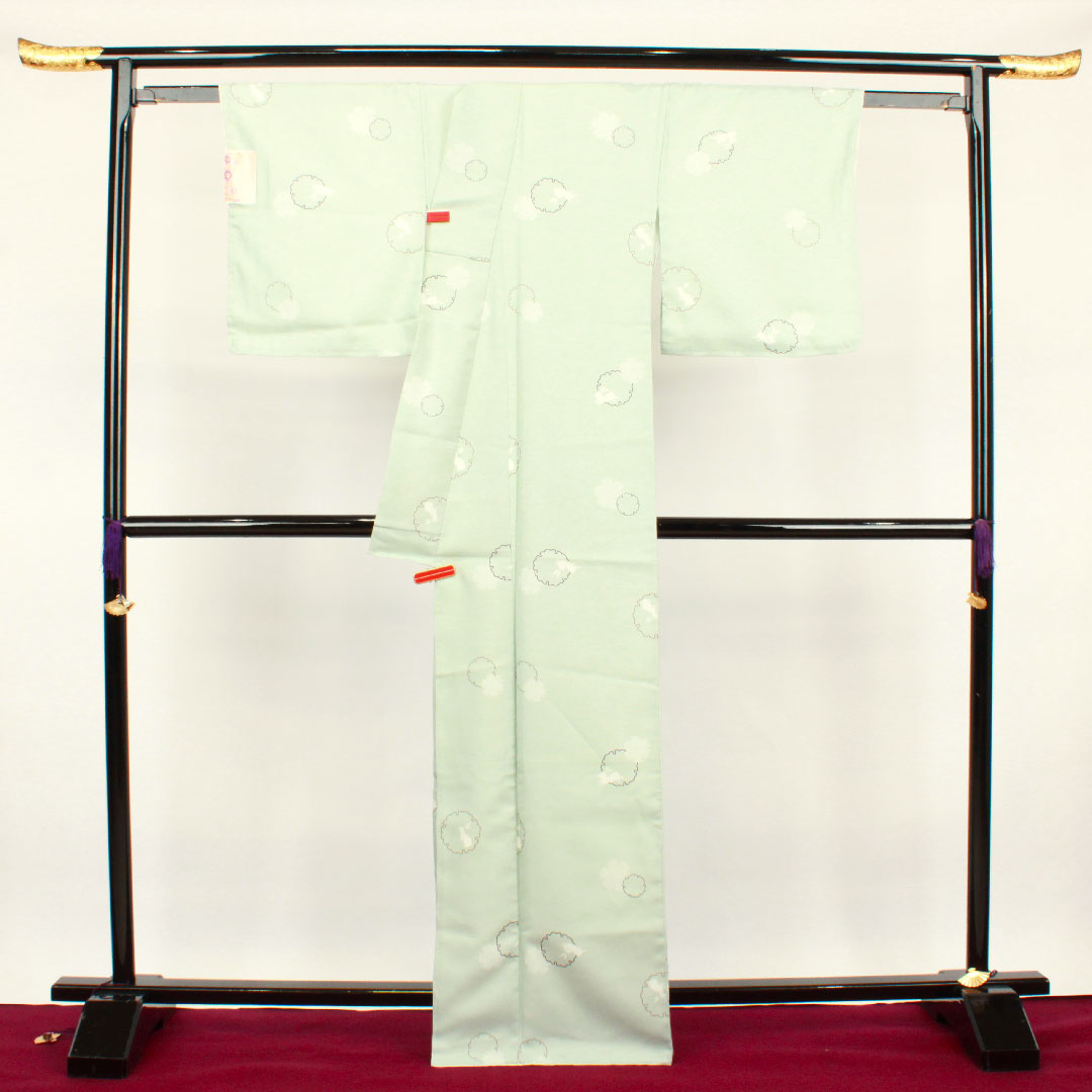 小紋 身丈166cm 裄丈66cm 袷 秘色色 洗える着物 雪輪 うさぎ ポリ Sランク 青系 1115002582517