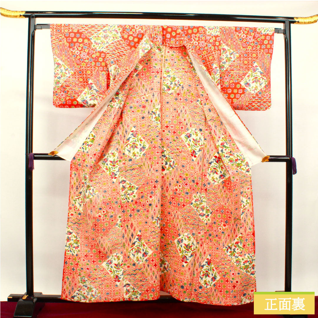 小紋 正絹 身丈157.5cm 裄丈64.5cm 単衣 緋色 型染 吉祥文様 Sランク 朱系 1115003832316