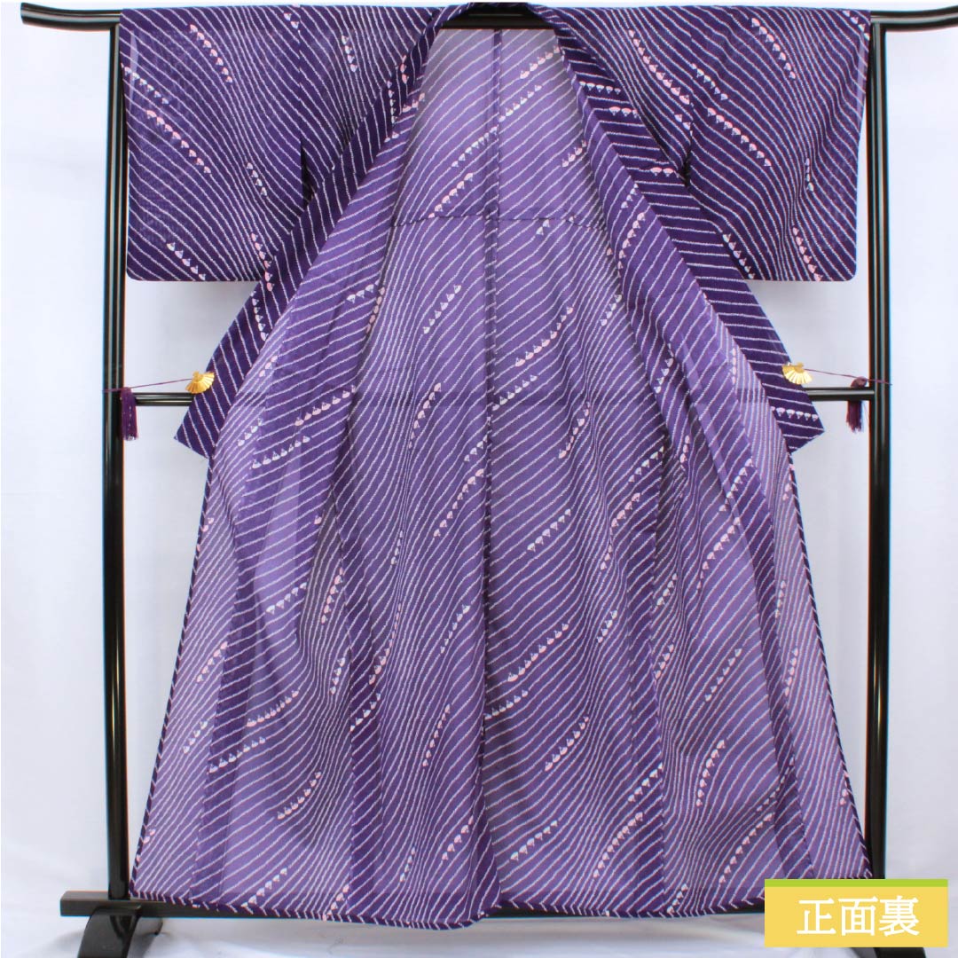 夏物 ポリエステル 小紋 身丈160.5cm 裄丈65cm 菫色(すみれいろ) 扇面 洗える着物 絽 Aランク 紫系 1132002543420