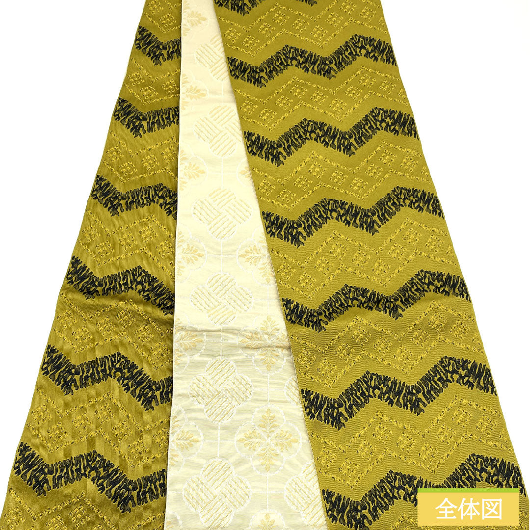 (New) Reversible Hanhaba Obi, Polyester, New Rank, Canola Oil Color (Greenish-Yellow), Susuki Color (Light Grayish-Blue), Zigzag Pattern, Abstract Floral Pattern, Obi Length 400cm, Green-Tone 1125002501419