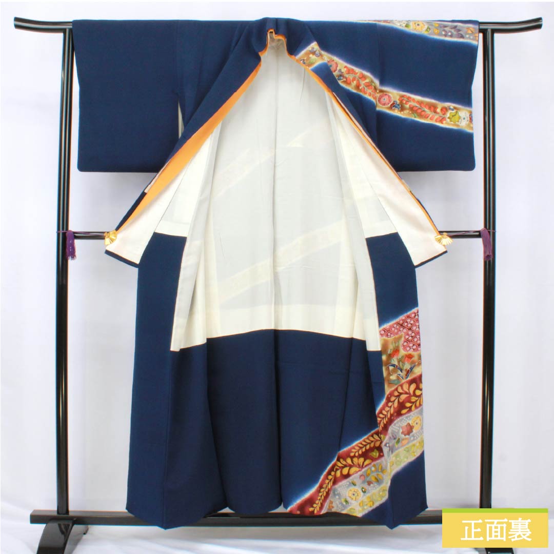 Visiting Kimono, Pure Silk, S Rank, Lined, Length 155cm, Sleeve Length 63cm, Navy Blue, Chirimen Fabric, Tsujigahana Pattern, Navy Blue, Product Number: 1112006292318
